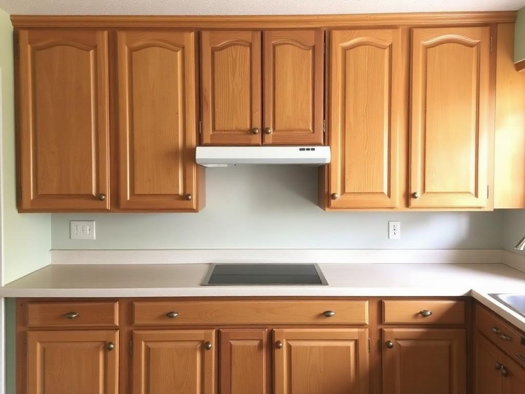 Dated oak cabinets sprayed to a smooth white finish — before