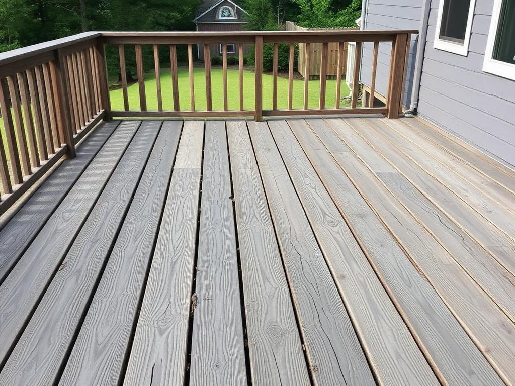 Weathered deck washed, sanded and re-stained — before