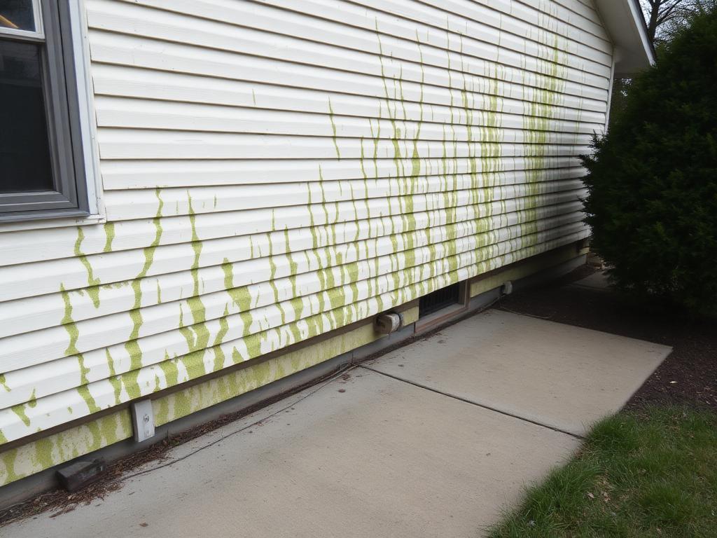 Algae-streaked siding and walkway soft-washed clean — before