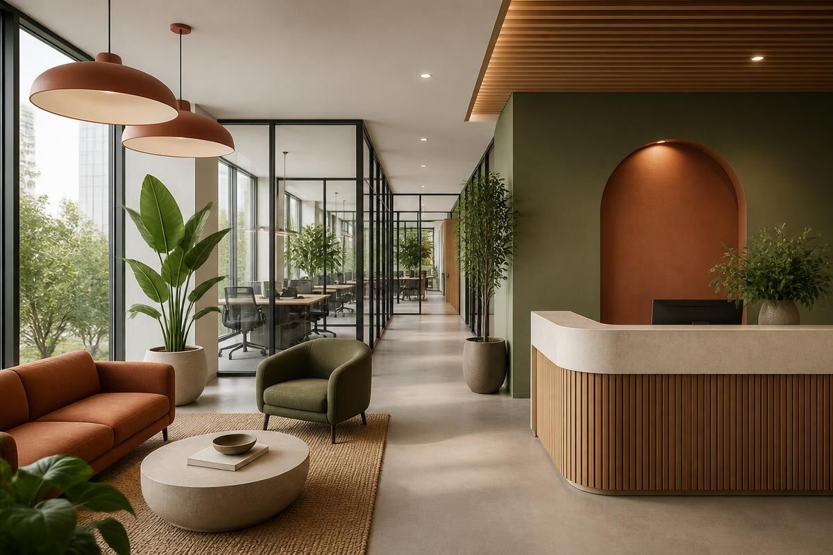 Modern commercial office interior with muted green accent walls and warm earth tone furnishings