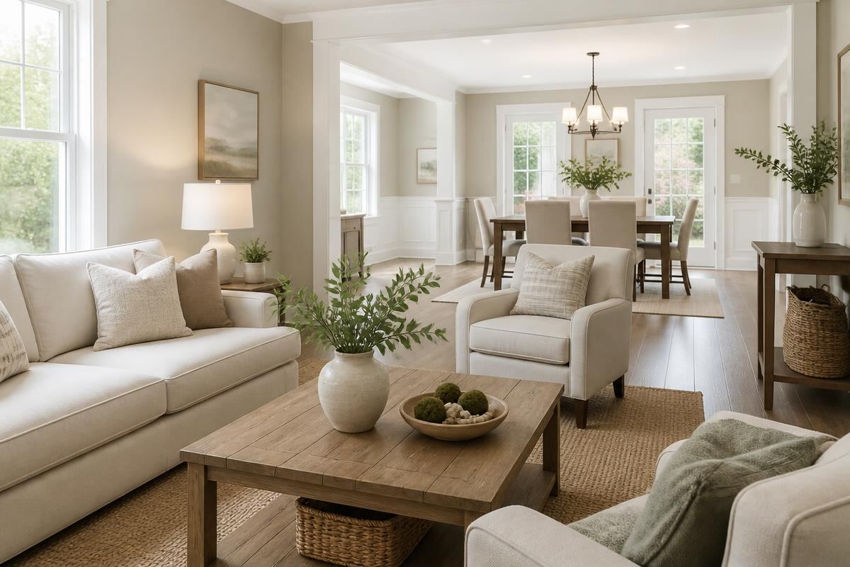 Bright, professionally staged home interior with warm neutral walls and creamy white trim