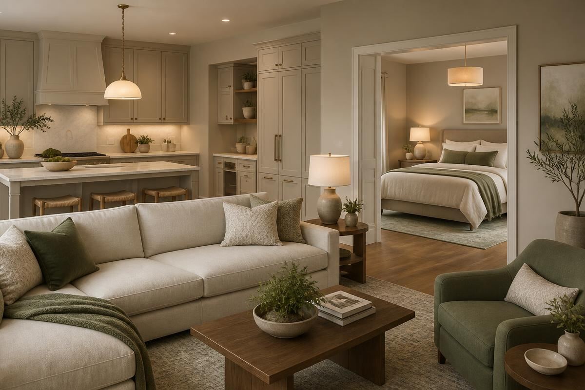 Connected residential interior with warm neutral walls, soft green accents, and cozy modern furniture